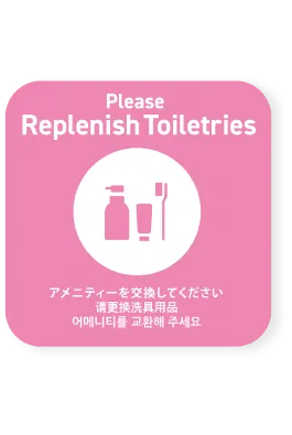 アメニティ交換を伝えるマットピンクのRequest マグネットカード
