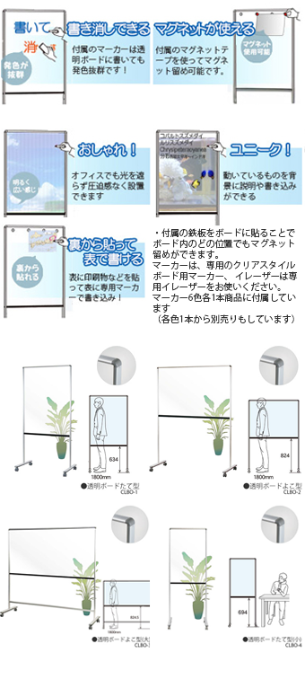 透明の脚付ボード（片面） クリアスタイルボード（品番CLBO たて型 